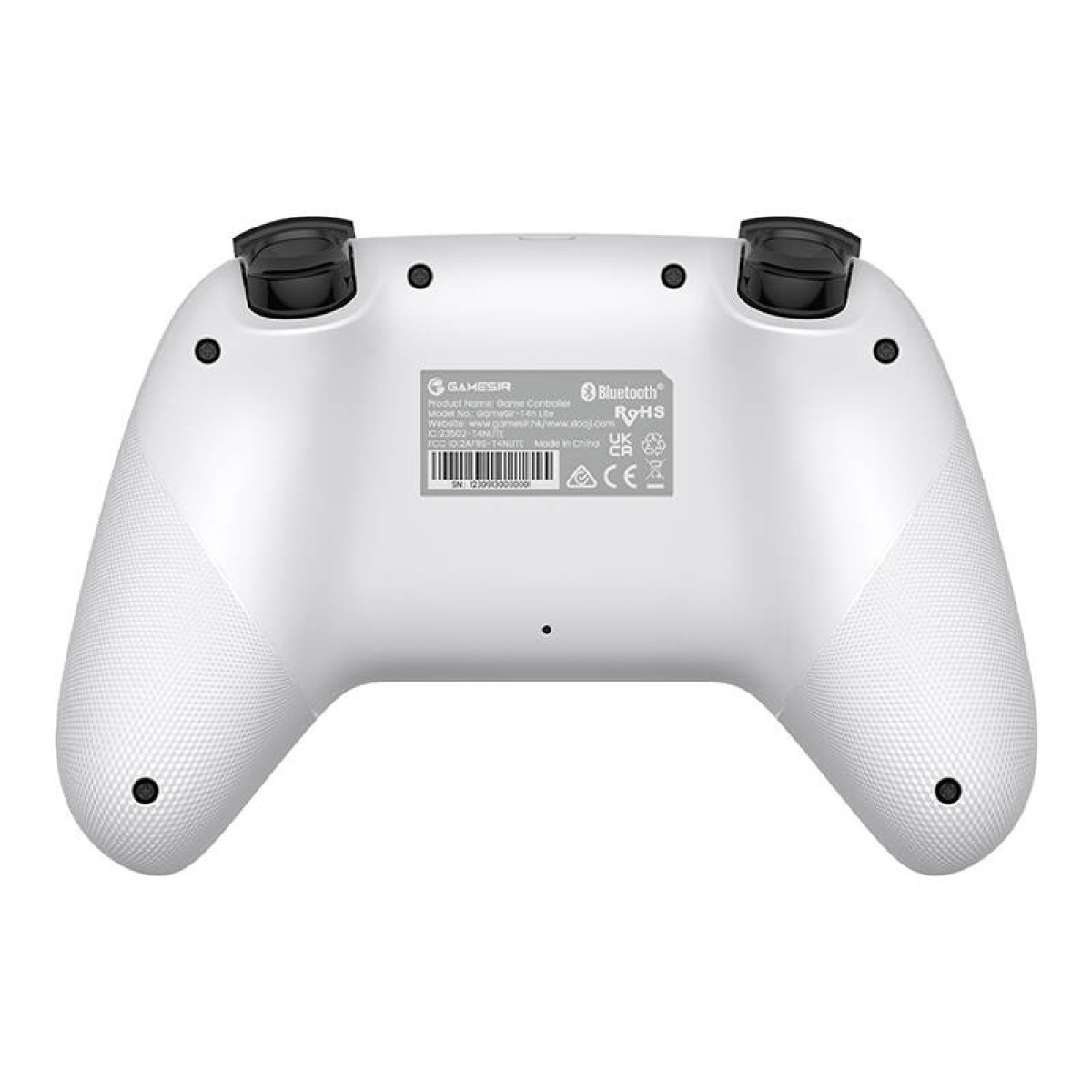 Retro di un controller di gioco GameSir bianco con pulsanti ed etichette.