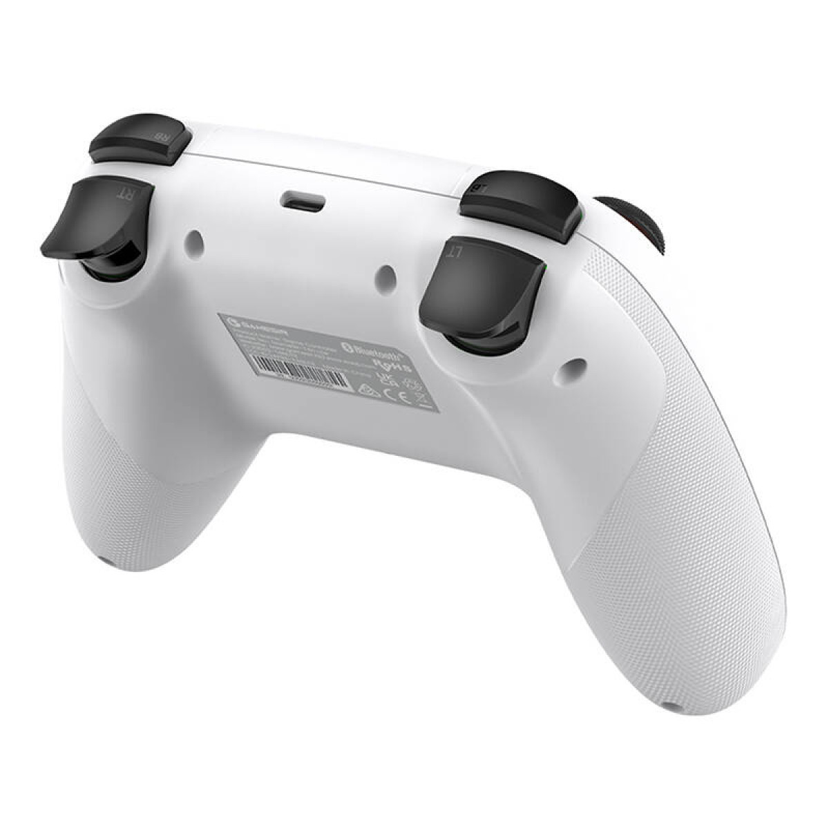 Controller di gioco bianco con pulsanti neri e adesivi sul lato inferiore.