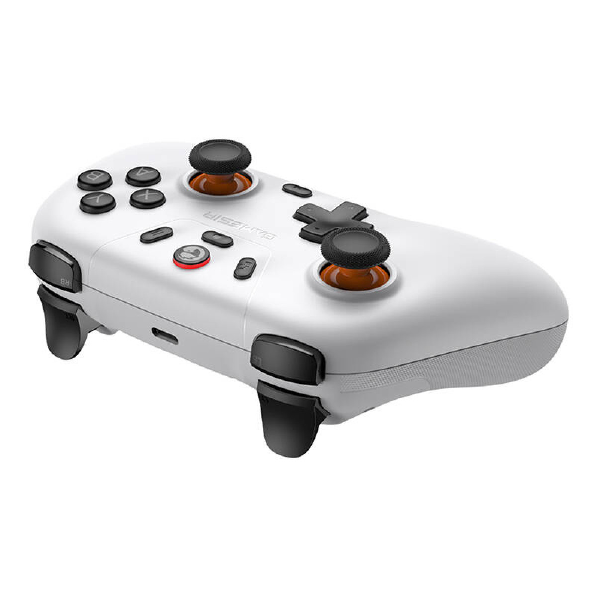 Un controller di gioco bianco con joystick e pulsanti neri.