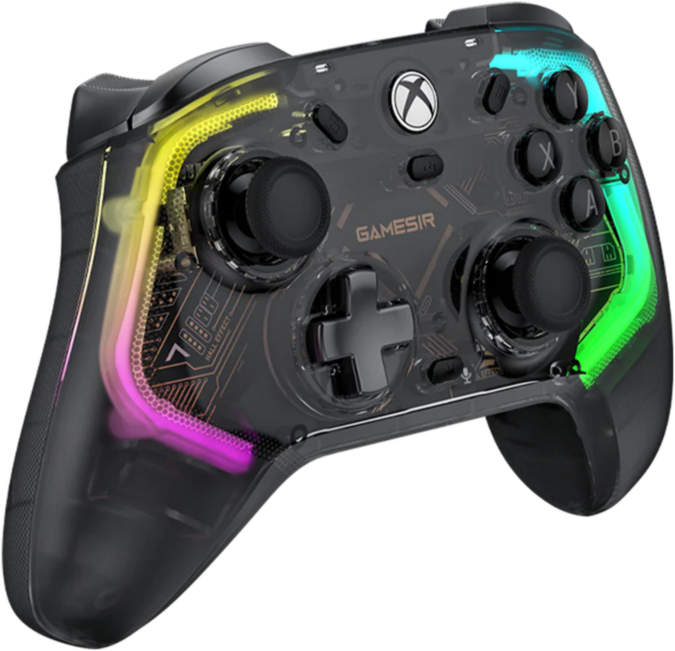 Un controller da gioco trasparente con luci colorate.