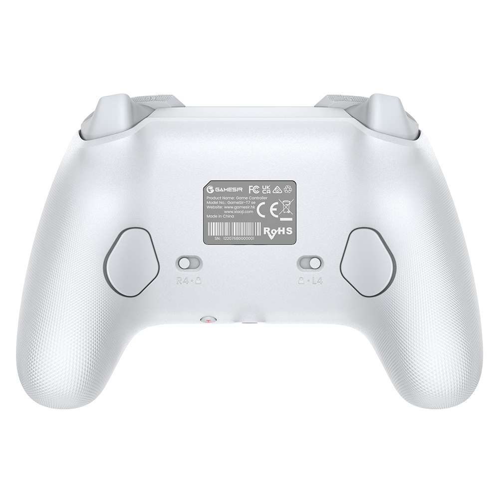 Retro bianco controller gioco con info prodotto e certificazioni.
