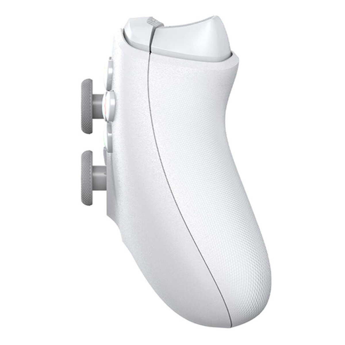 Lato del controller da gioco bianco con due joystick e pulsanti grigi.