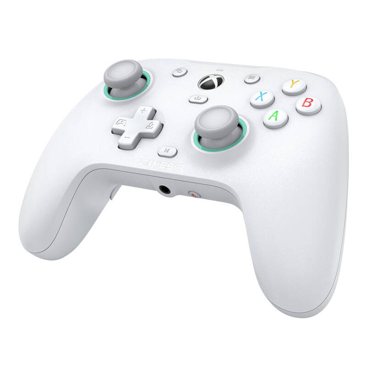 Un controller da gioco bianco con due joystick, D-pad e pulsanti colorati.