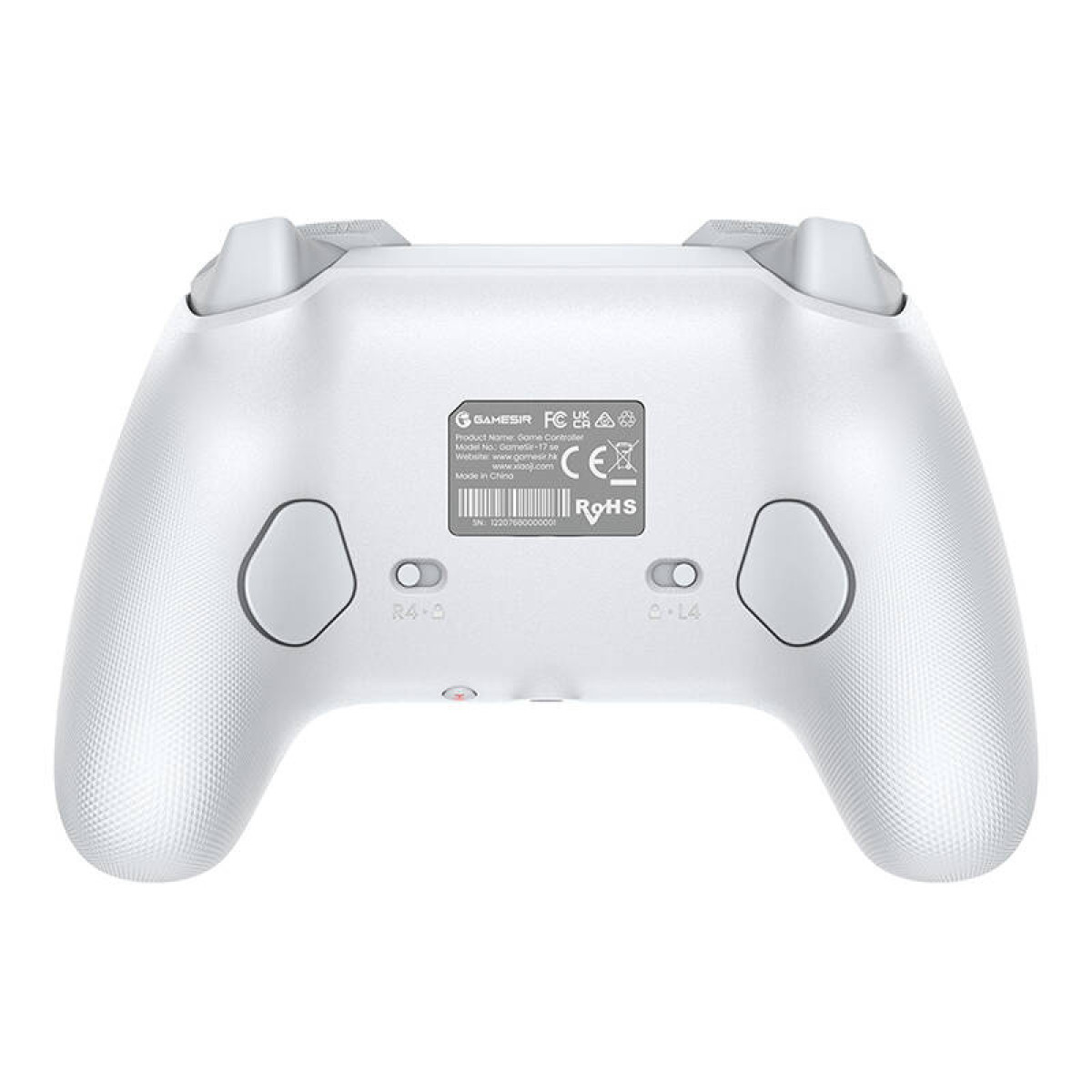 Controller di gioco bianco con adesivi e pulsanti sul retro.