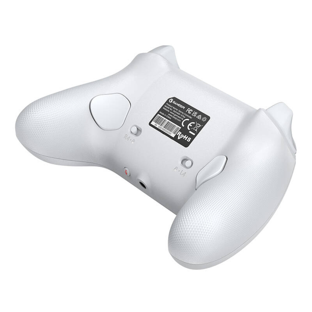 Controller di gioco bianco con etichette e porta di ricarica.