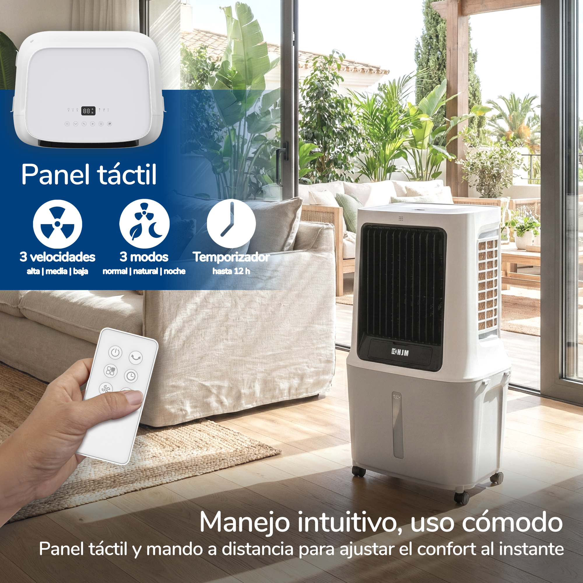 Un enfriador evaporativo blanco junto a un sofá con mando a distancia.