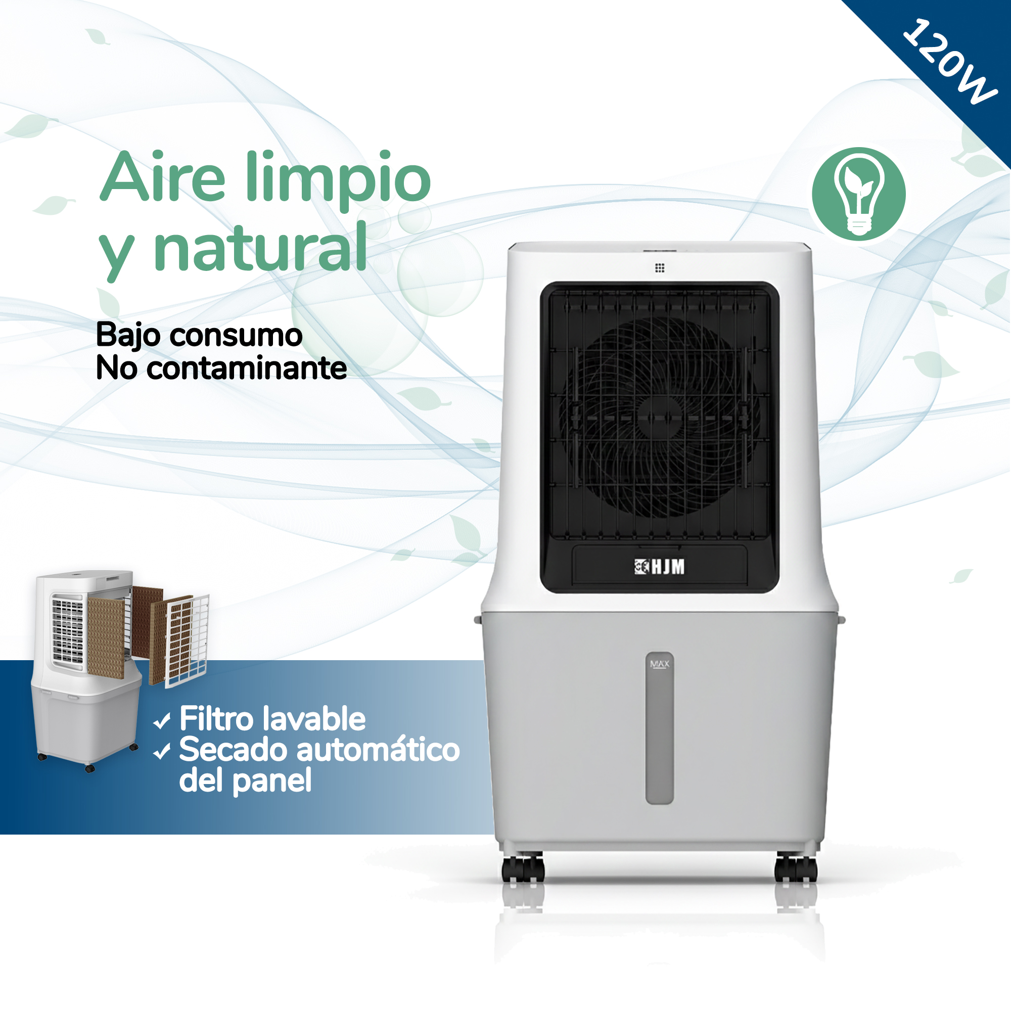 Un enfriador de aire blanco con rejilla de ventilador negra e indicador de nivel.