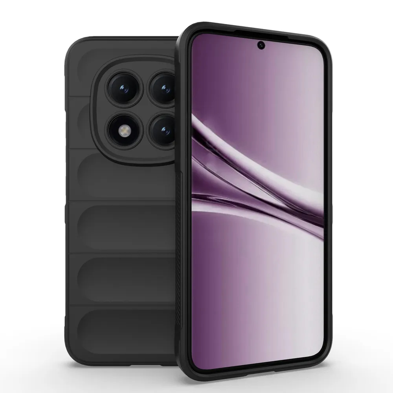 Zwarte smartphone met vier camera's en een patroon op de achterkant.