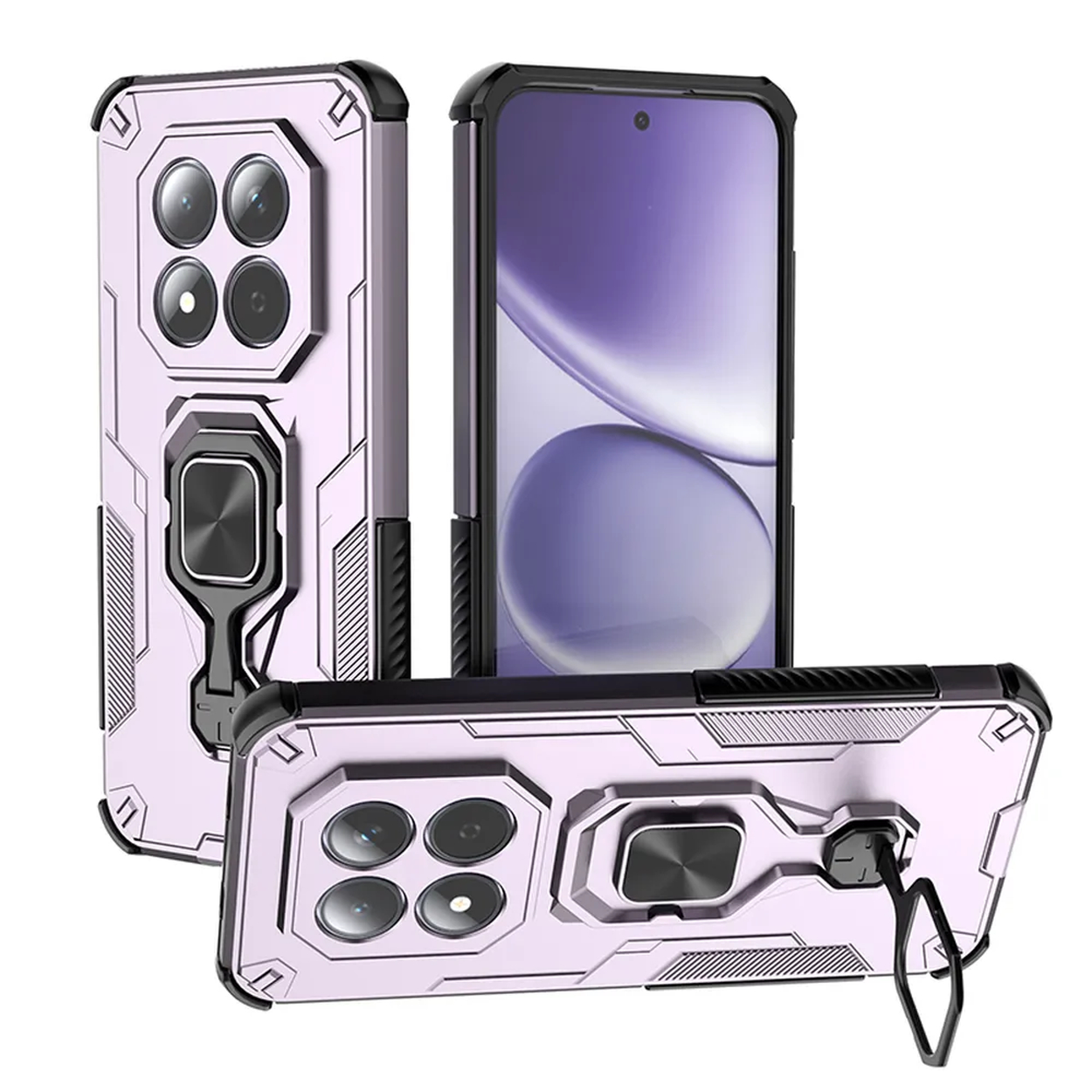 Une coque de téléphone violette avec support bague et quatre objectifs.