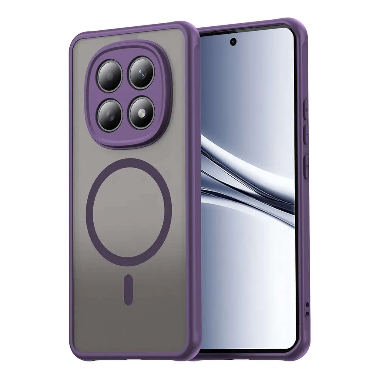 Une coque de téléphone violette mate avec découpe pour appareil photo à quatre objectifs.