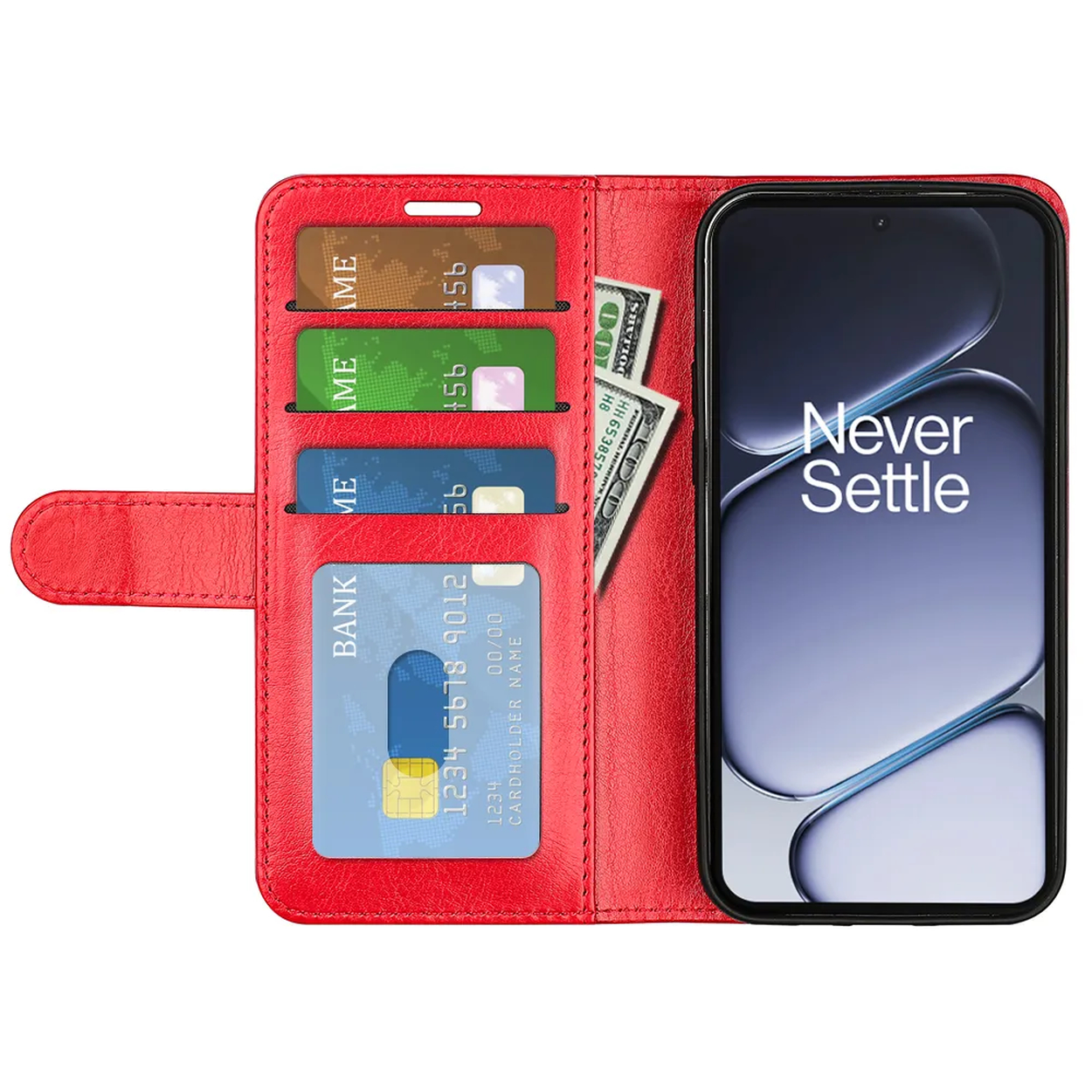 Étui portefeuille en cuir rouge avec cartes de crédit, argent et smartphone.