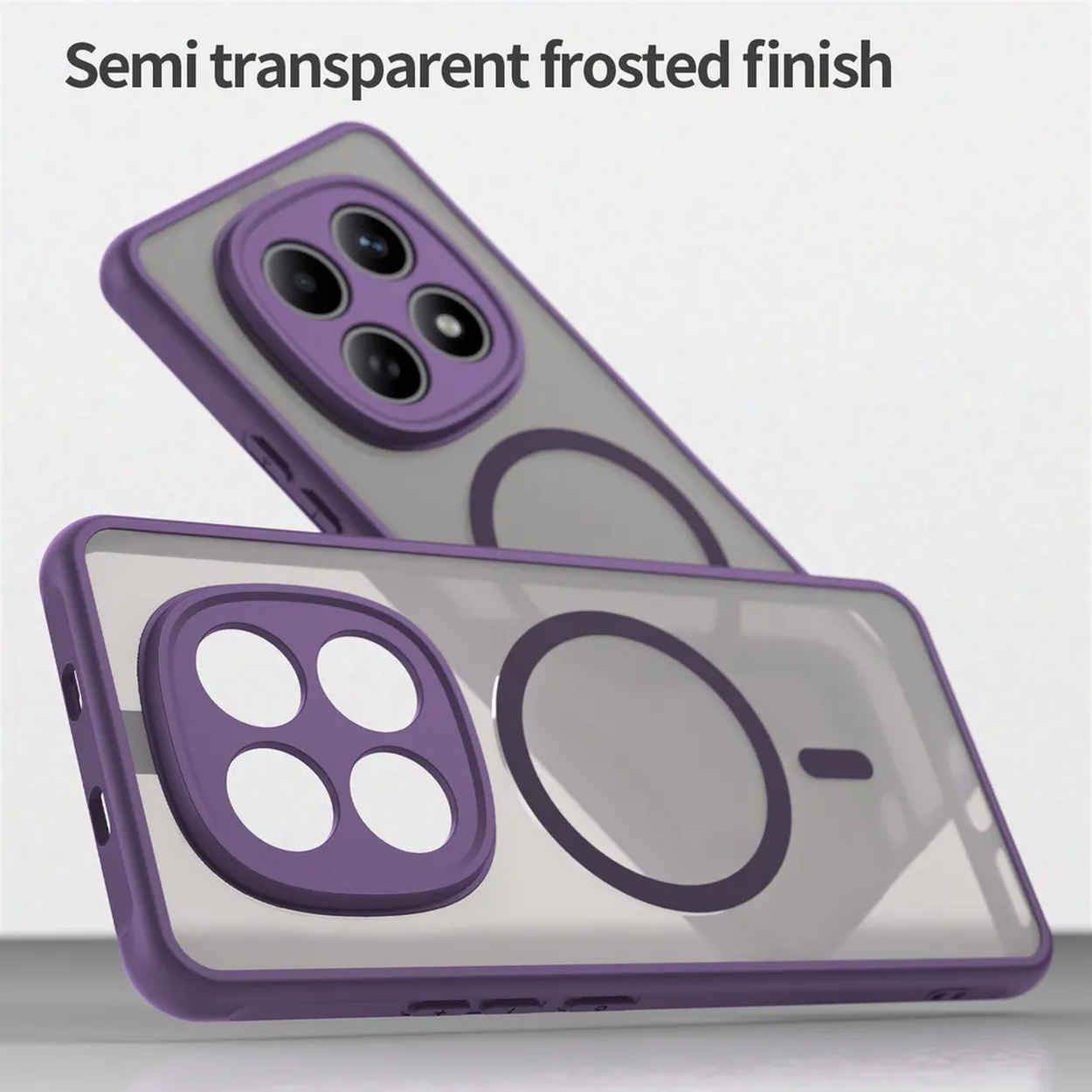 Deux coques de téléphone violettes et transparentes avec découpes.