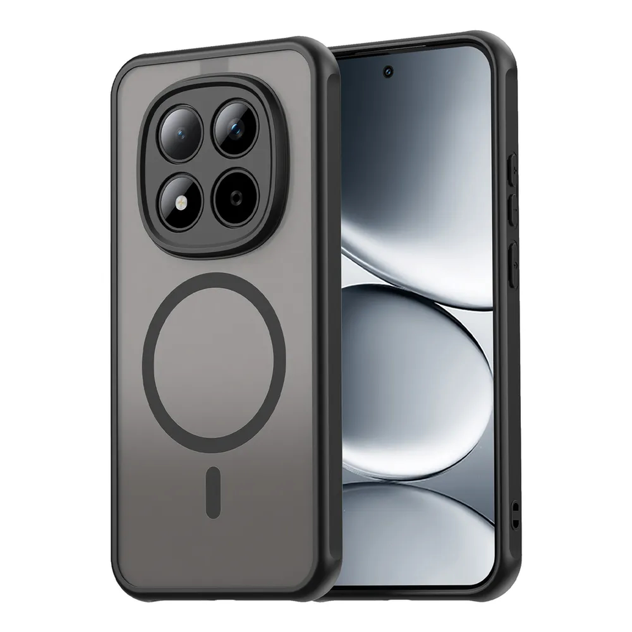 Une coque de téléphone sombre avec quatre caméras et un anneau magnétique.