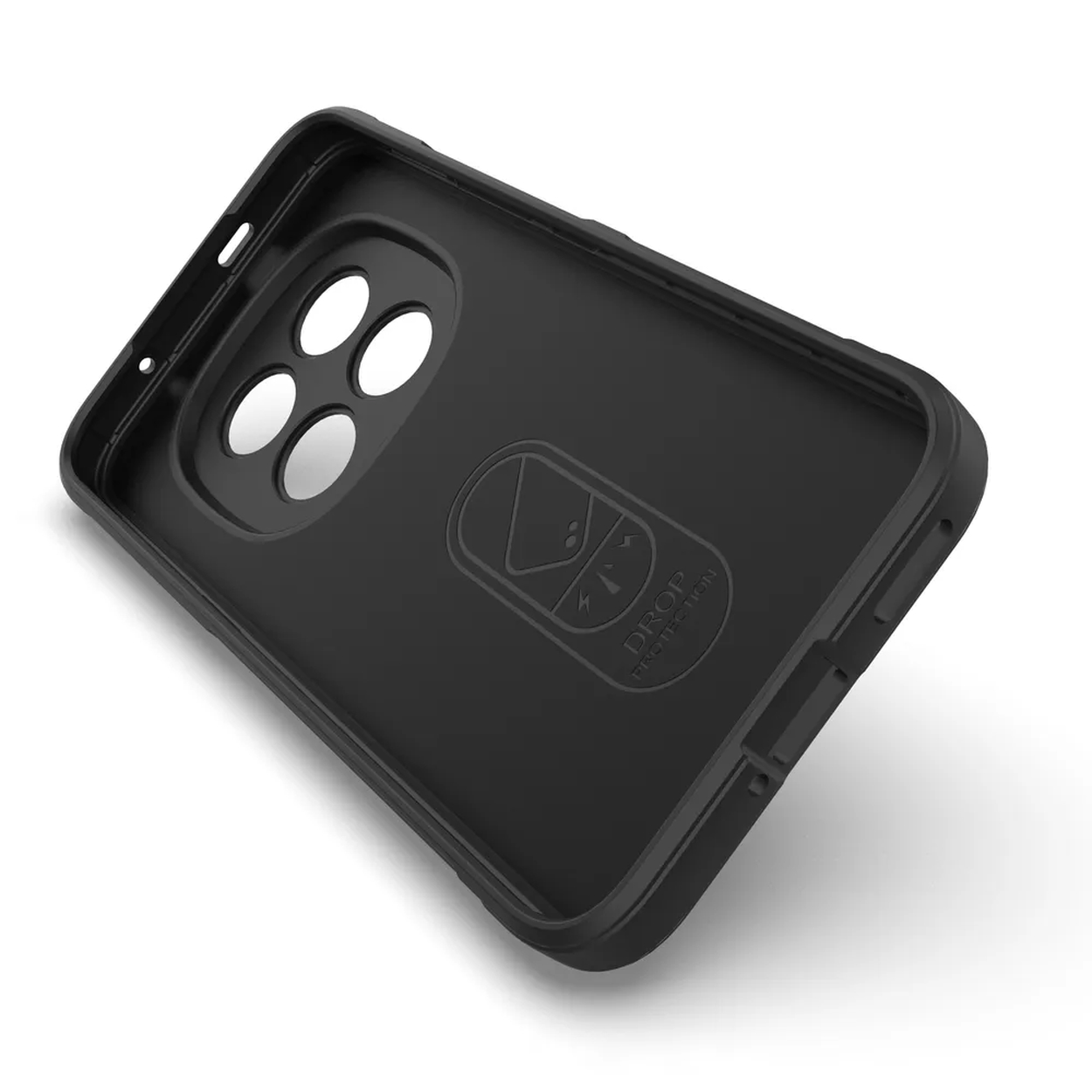 Zwarte telefoonhoes, binnenzijde met camera-uitsparingen en logo.