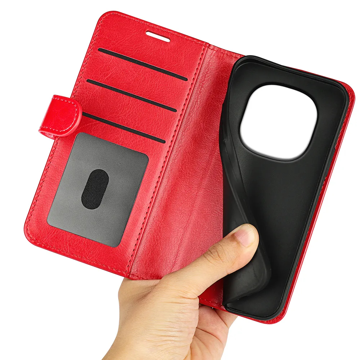Étui portefeuille en cuir rouge avec fentes pour cartes et support noir.