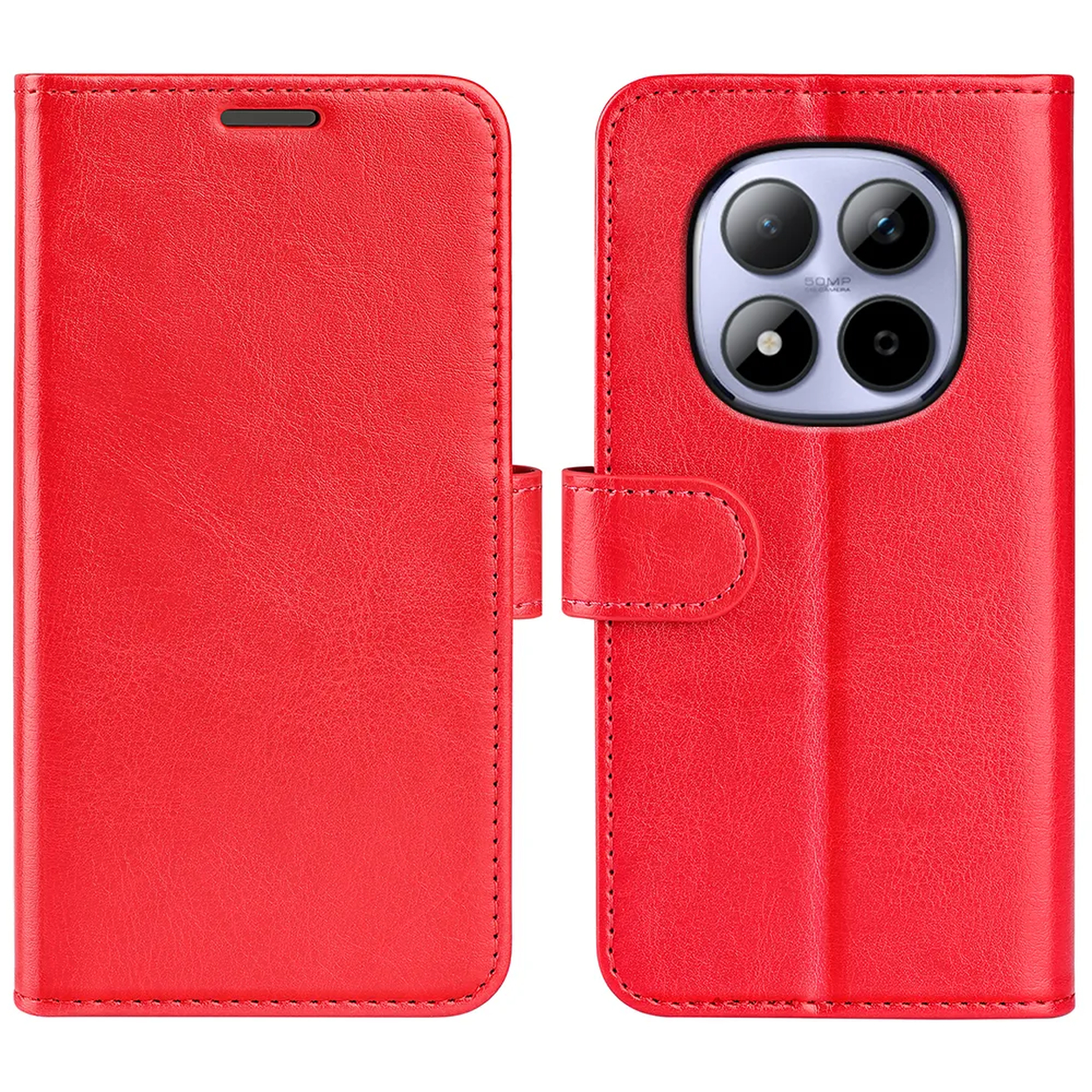 Étui à rabat en cuir rouge pour smartphone à quatre caméras.
