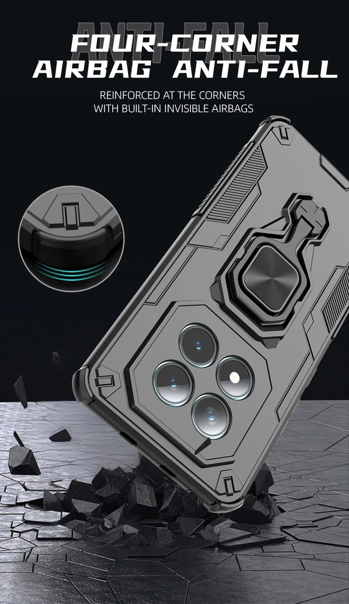 Coque de téléphone robuste avec quatre coins airbag posée sur un sol craquelé.
