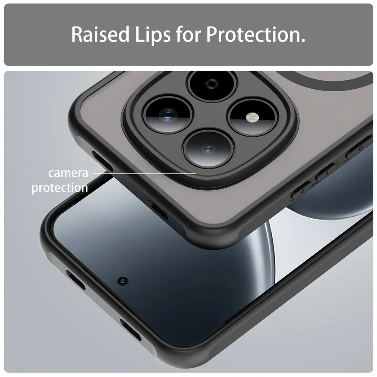Coque de téléphone noire avec bords surélevés protégeant l'appareil photo et l'écran.