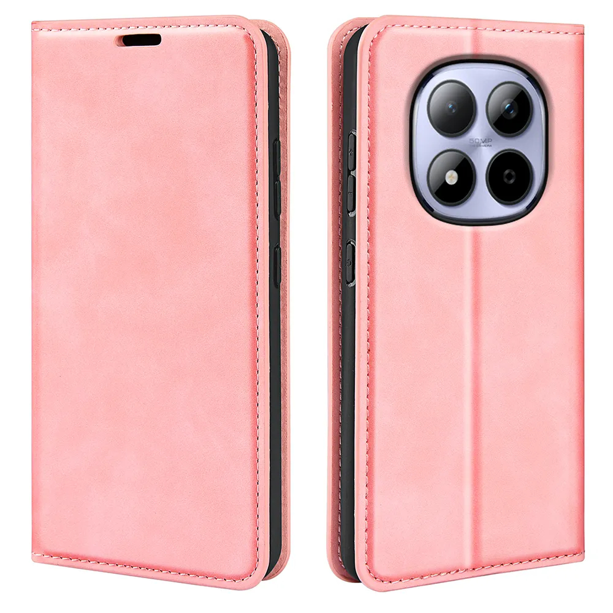 Étui portefeuille rose en cuir pour téléphone avec quadruple caméra visible au dos.