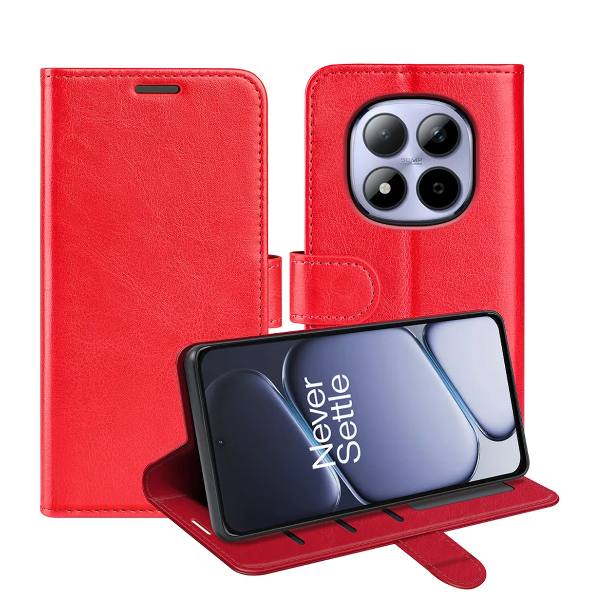 Coque de téléphone rouge avec découpe caméra et téléphone ouvert.