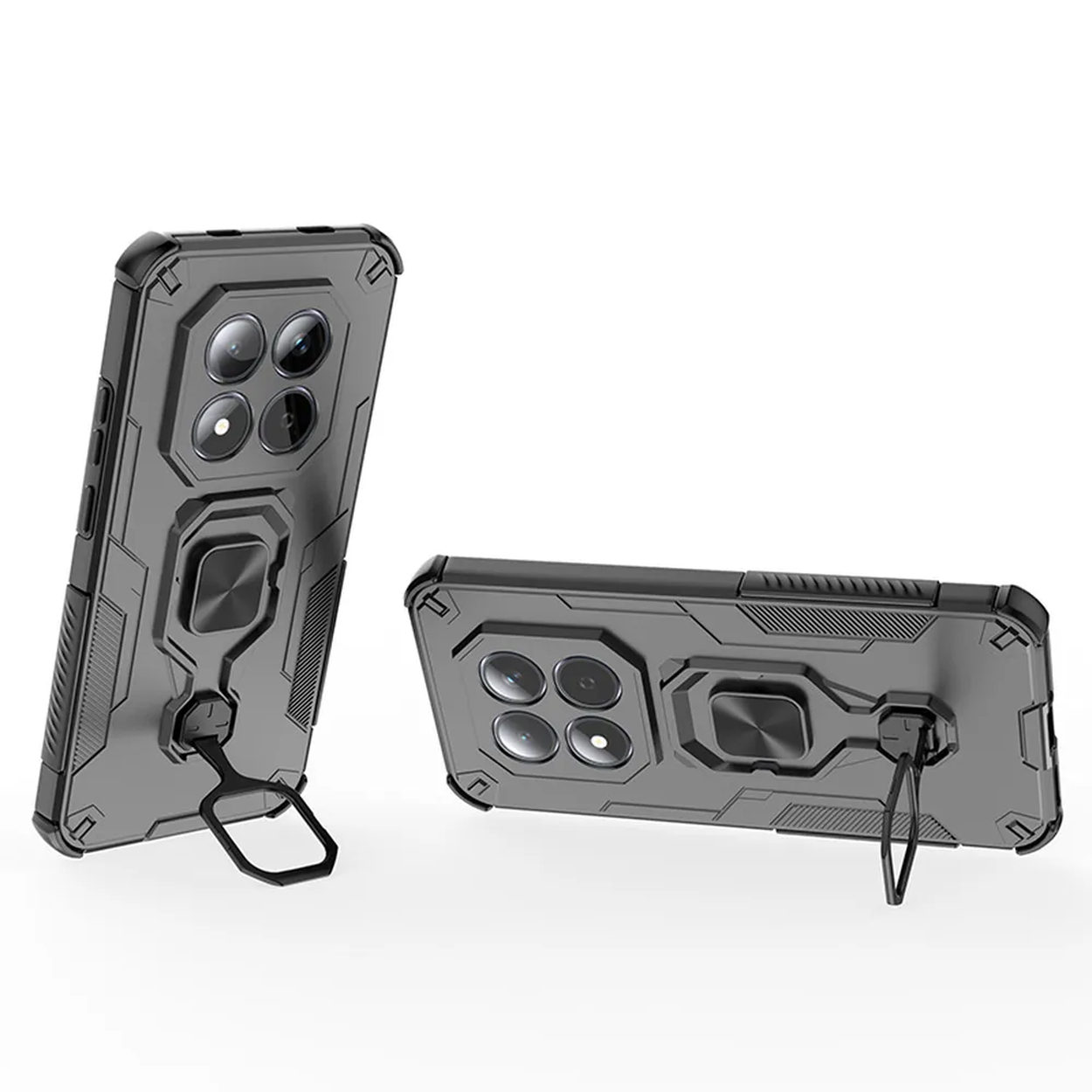 Deux coques de téléphone noires avec supports anneau et découpes pour quatre caméras.
