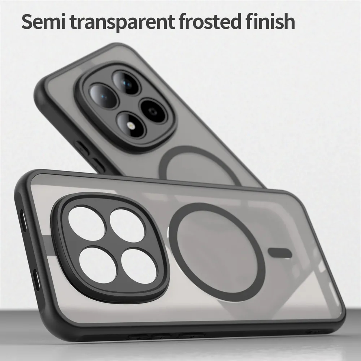 Deux coques de téléphone semi-transparentes dépolies avec cadres noirs et découpes caméra.
