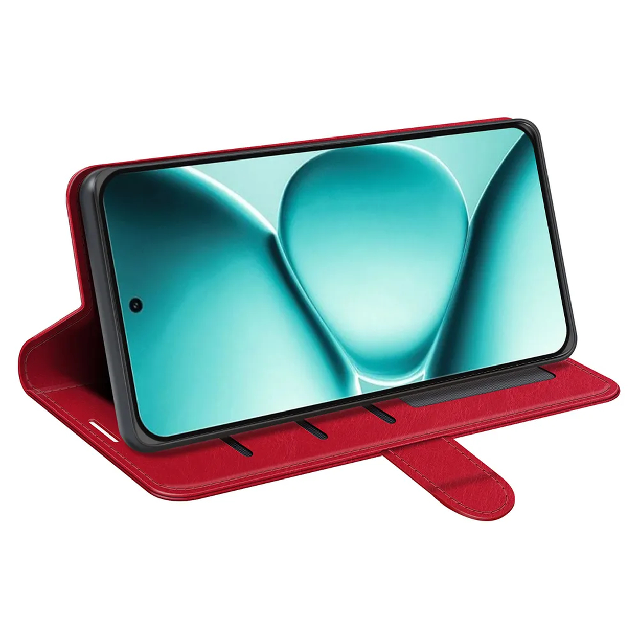 Étui rouge pour téléphone à clapet ouvert, montrant un smartphone.