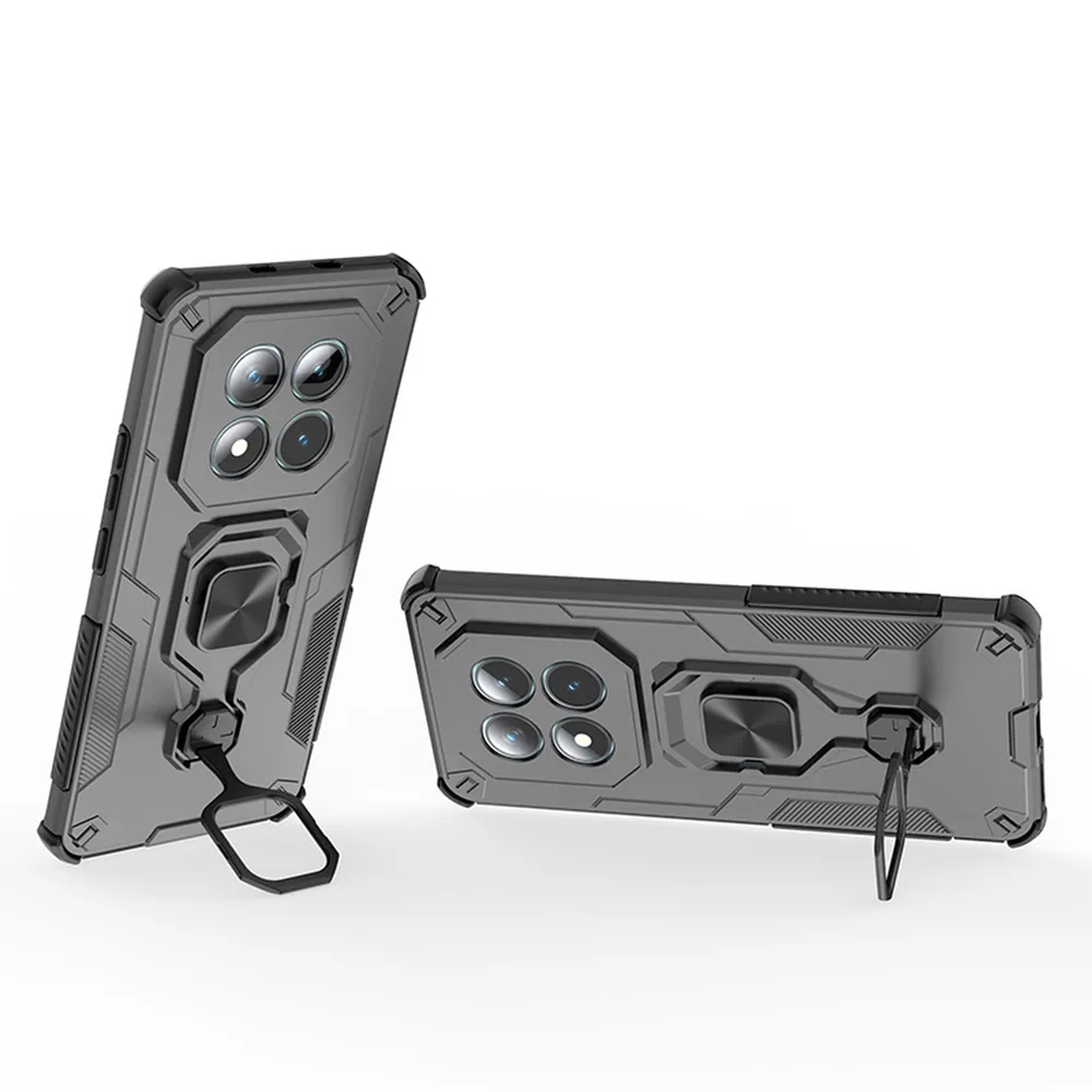 Twee grijze telefoonhoesjes met ringhouders en vier cameralenzen.