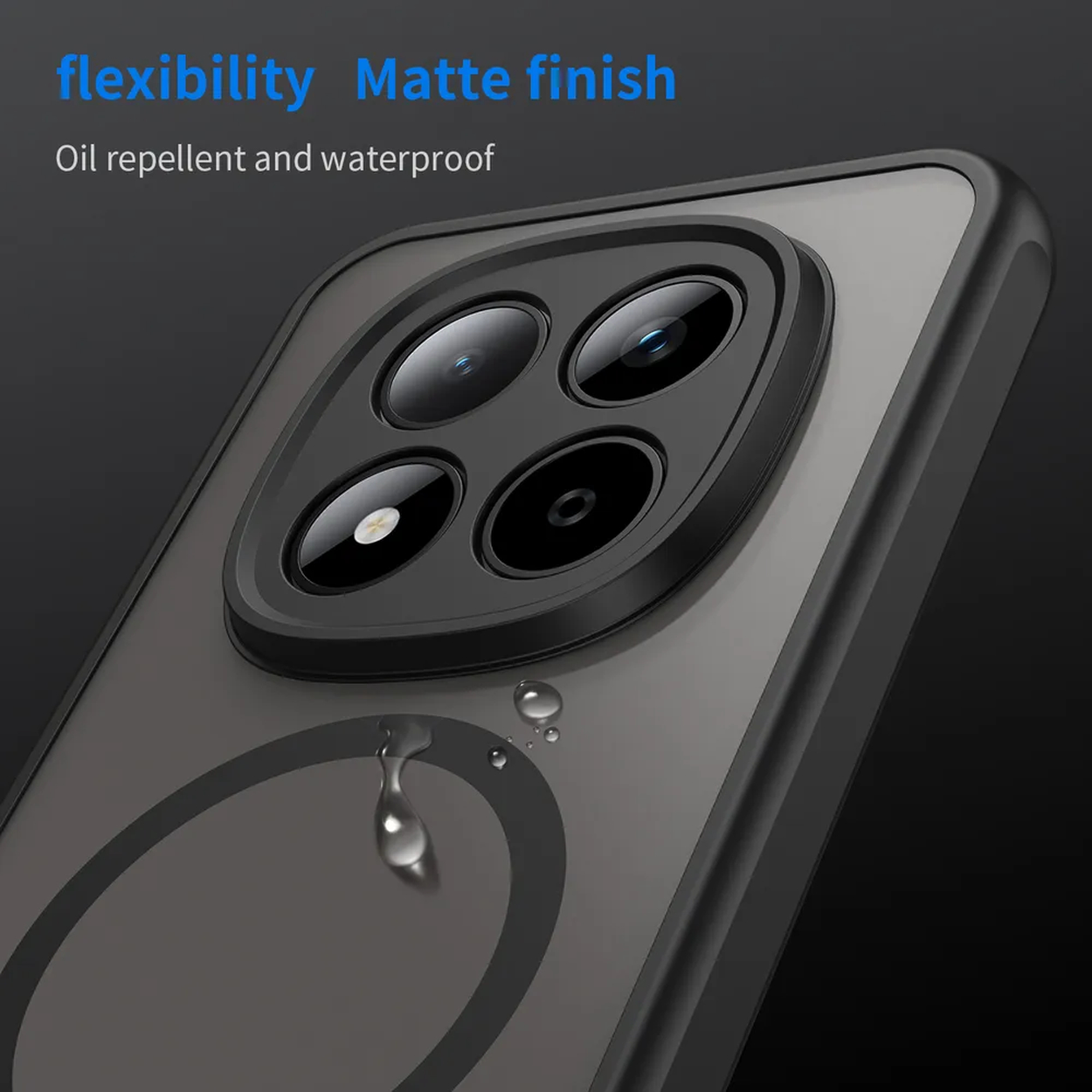 Arrière de smartphone avec quatre caméras, gouttes d'eau et un anneau.
