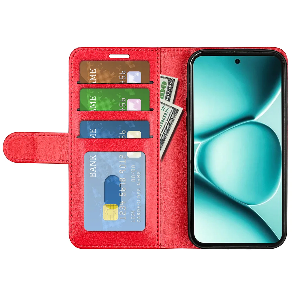 Portefeuille rouge avec fentes pour cartes, argent et smartphone.