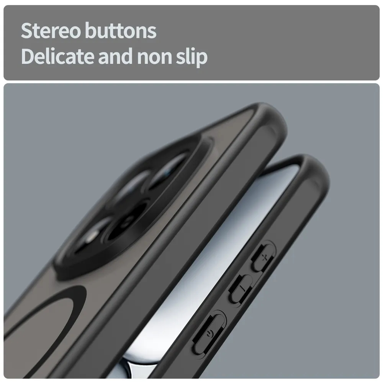 Gros plan d'une coque de téléphone noire avec des boutons stéréo sur fond gris.