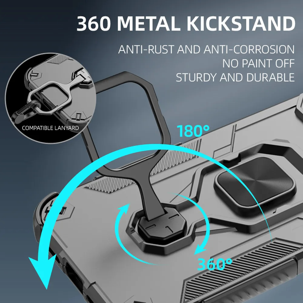 Grijze telefoonhoes met 360 graden metalen standaard en lanyard-lus.