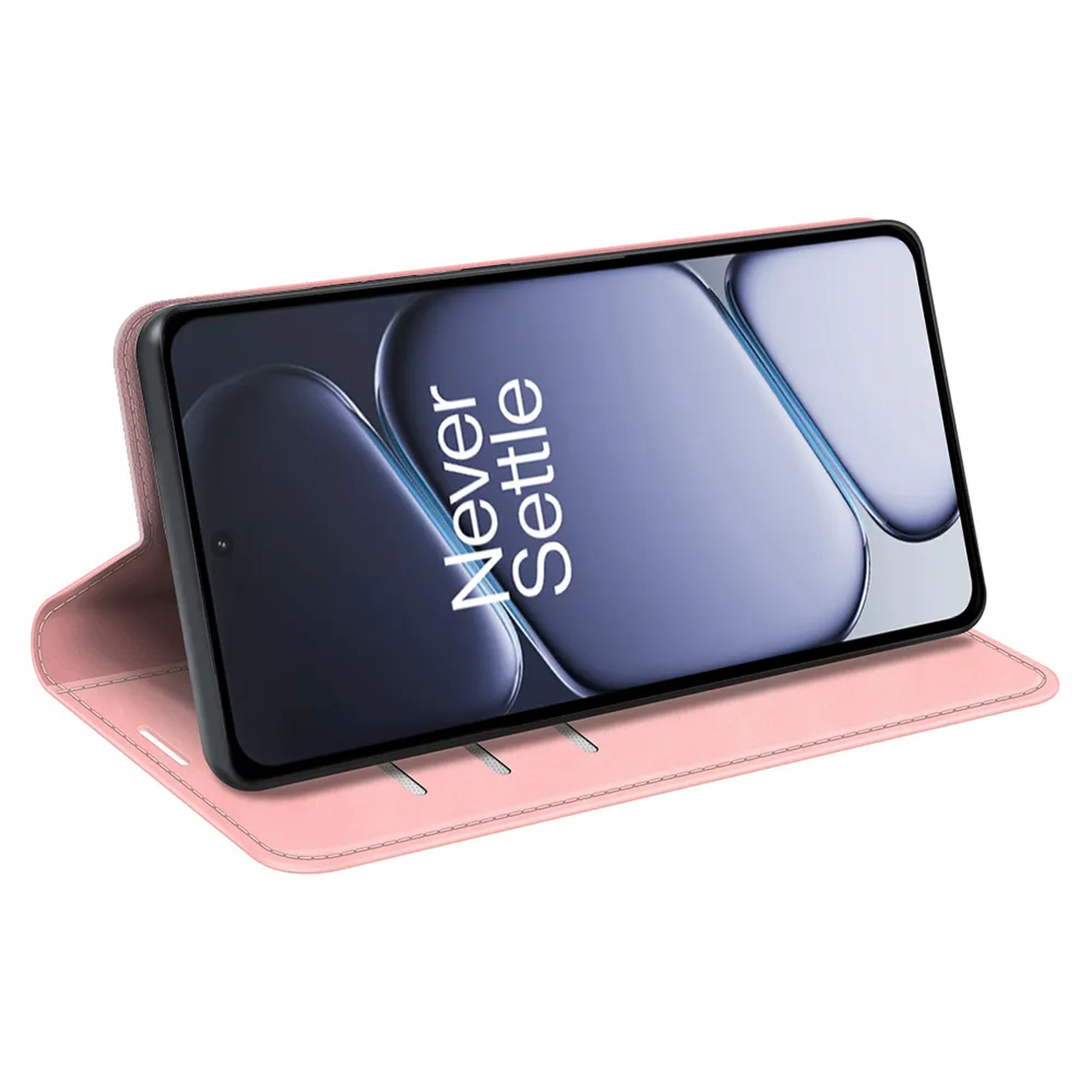 Un étui de téléphone rose tenant un téléphone avec le texte « Never Settle ».