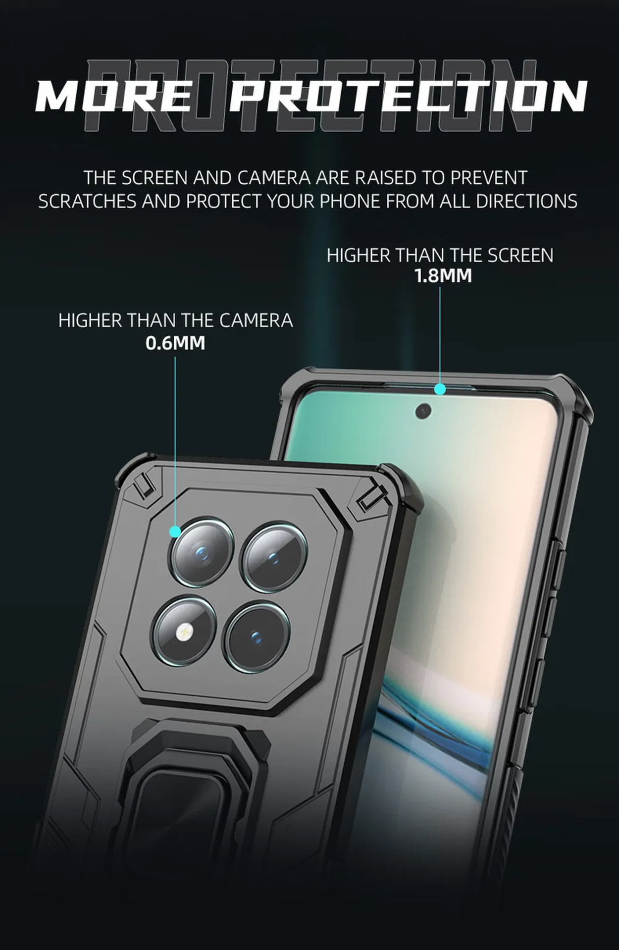 Zwarte telefoonhoes met verhoogde randen beschermt scherm en camera.