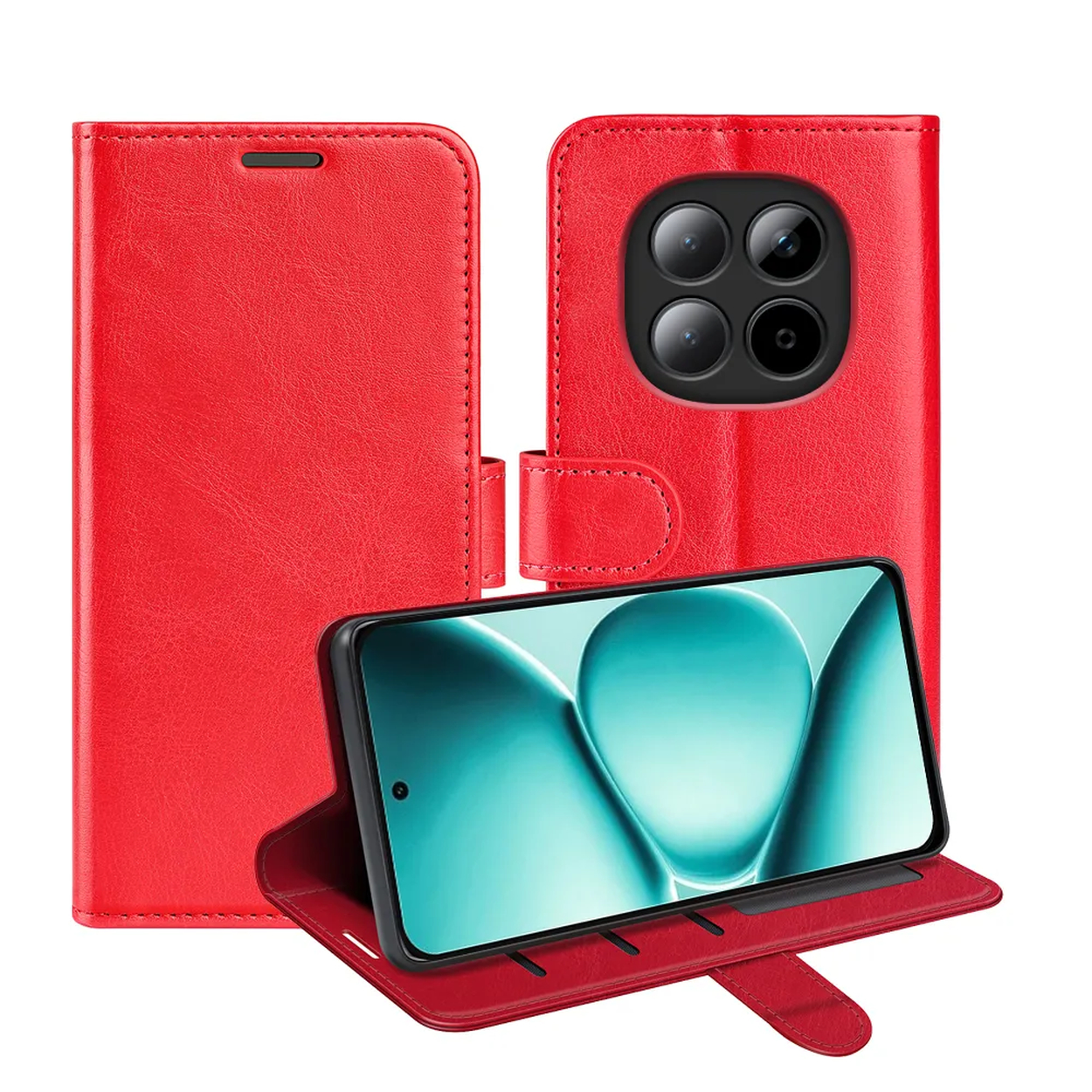 Un étui de téléphone rouge avec quatre caméras et un écran.