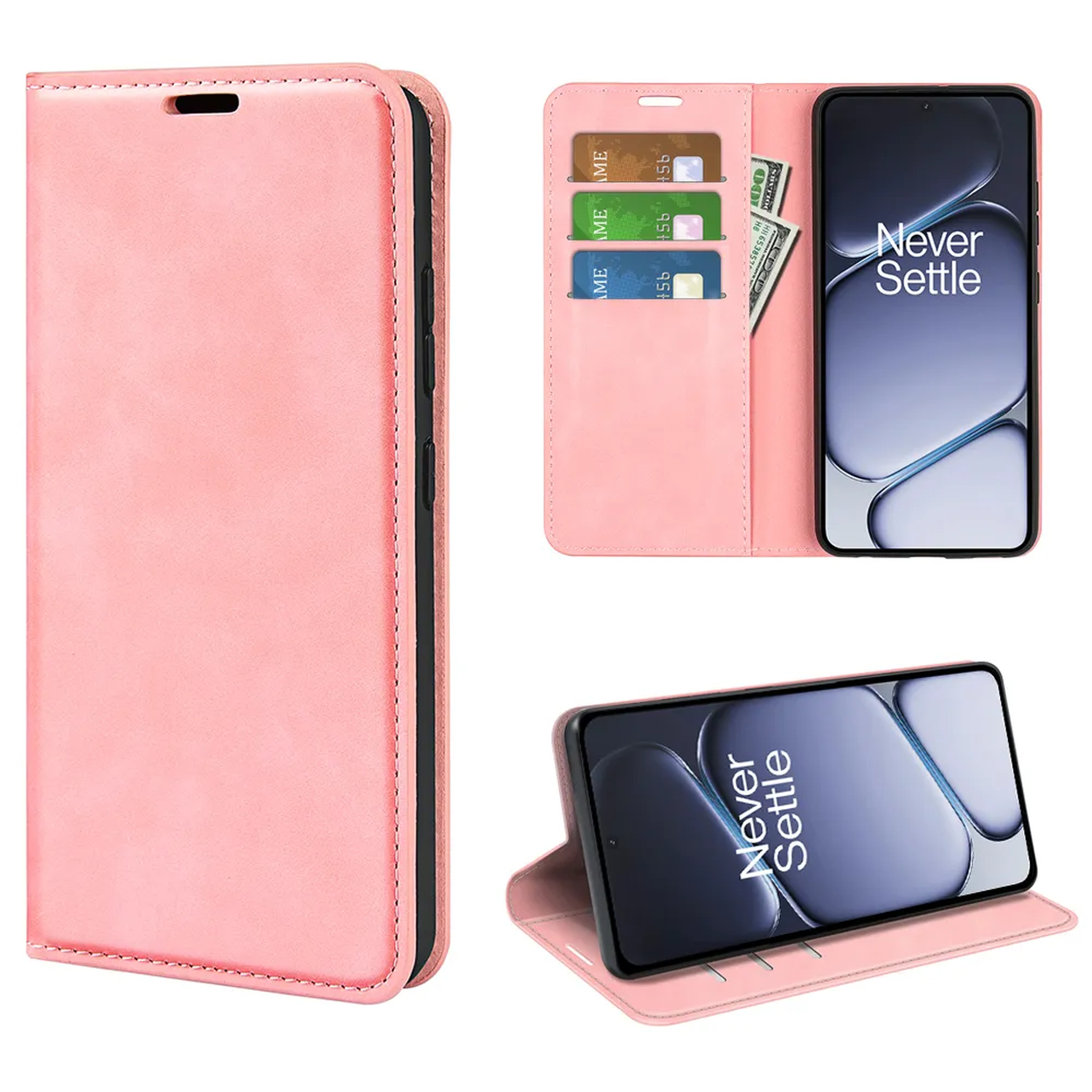 Un portefeuille-support pour téléphone rose avec emplacements pour cartes et poche.