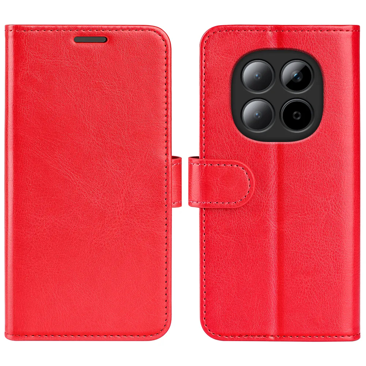 Étui de téléphone rouge ouvert à rabat, avec bloc caméra à droite.