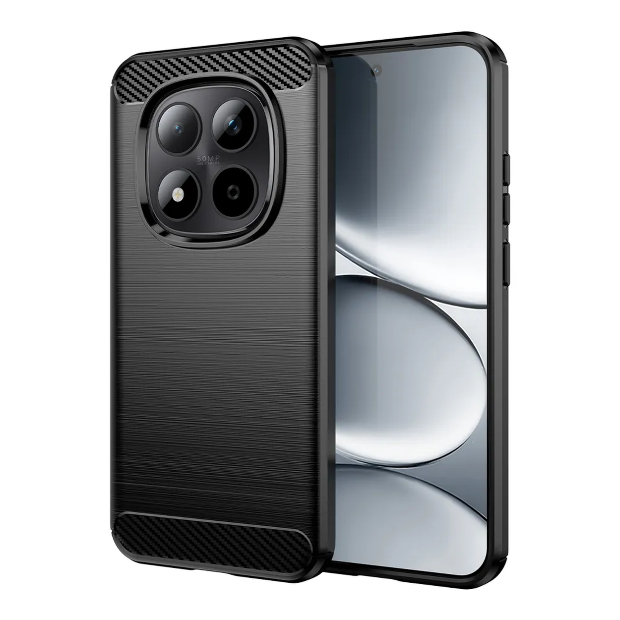 Zwarte telefoonhoes met carbonpatroon en camera-uitsparing op witte achtergrond.