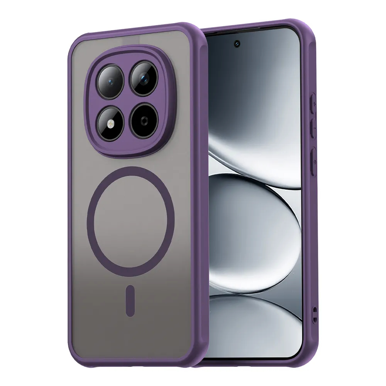 Paarse telefoonhoes met vier camera's en magneetring op transparante achtergrond.