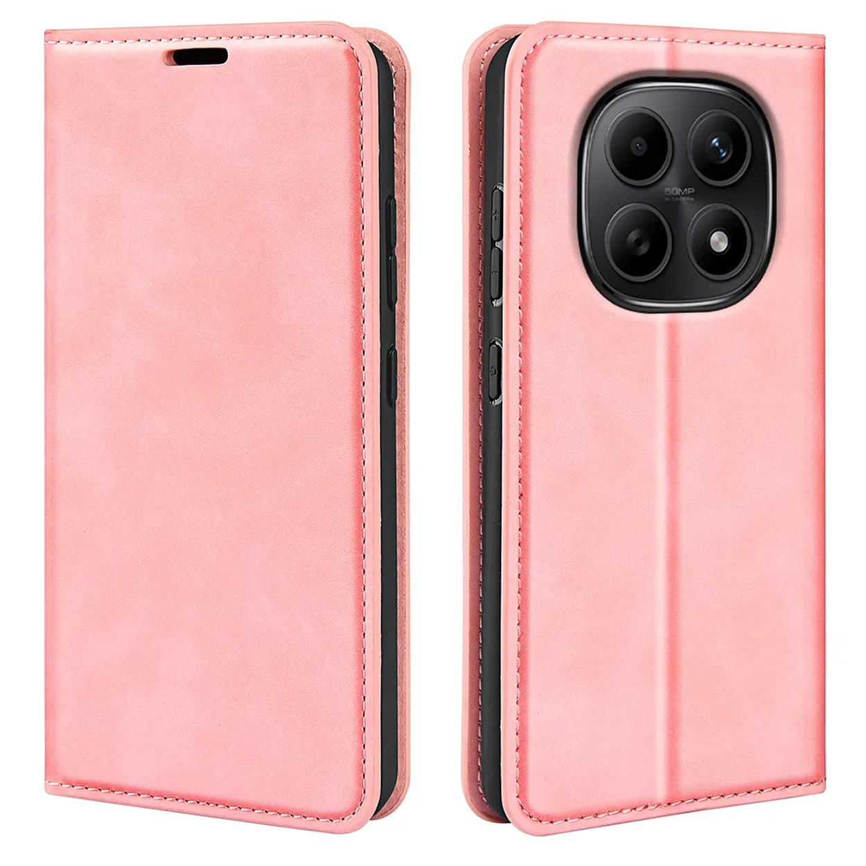 Un étui de téléphone rose, montré fermé et ouvert, révélant la caméra.
