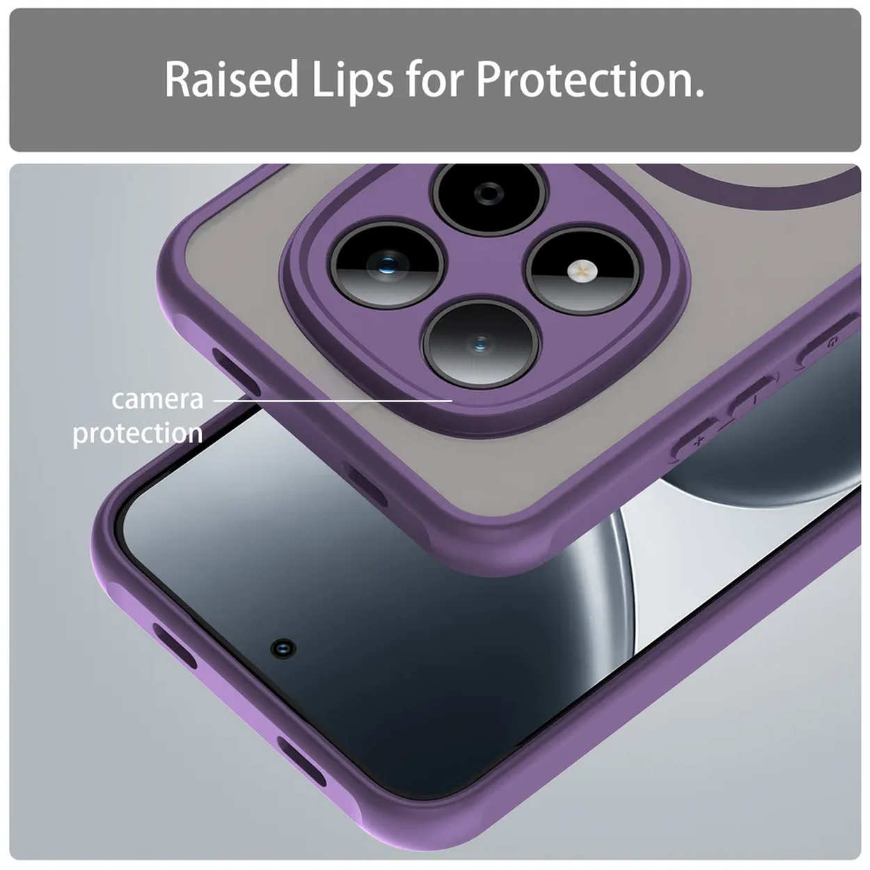Paarse telefoonhoes met cameraprotectie en verhoogde randen voor bescherming.