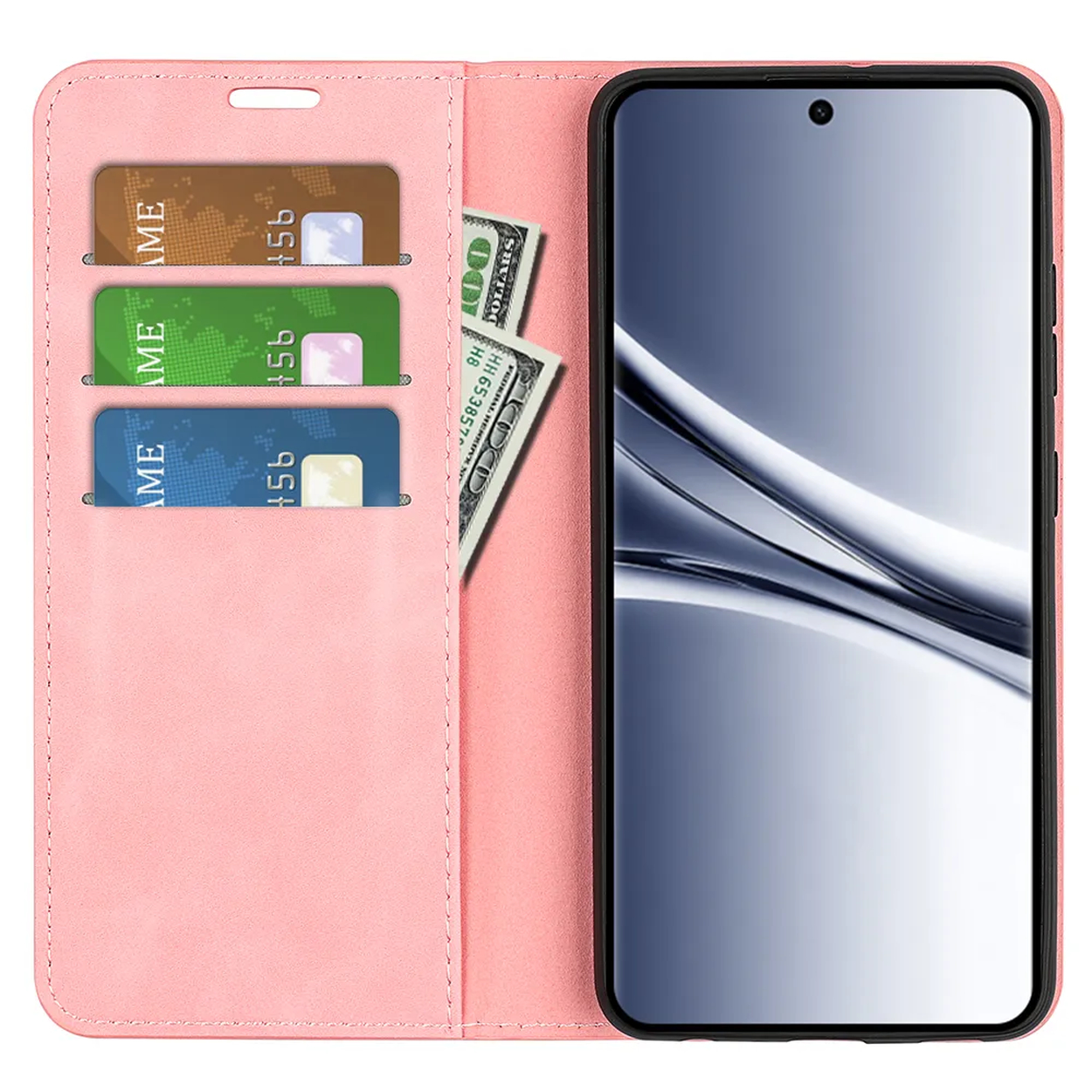 Un étui de téléphone rose avec trois fentes pour cartes et des billets.