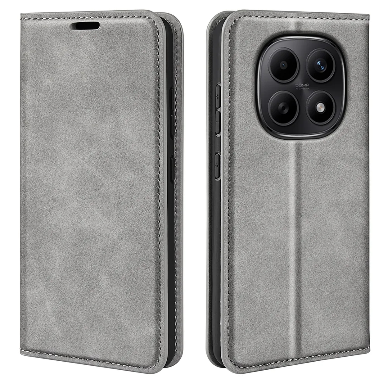 Étui de téléphone en cuir gris avec configuration à quatre caméras.