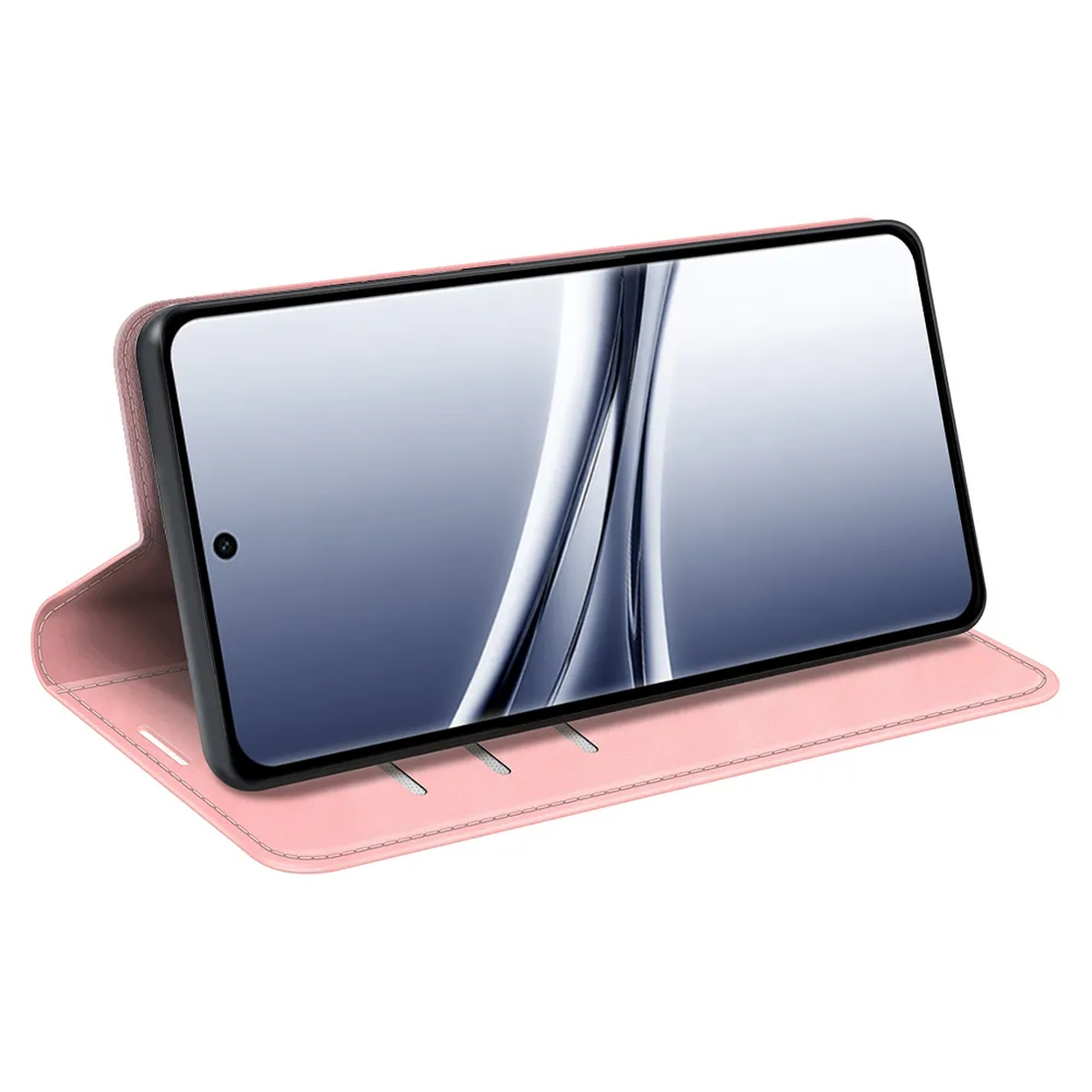 Un étui à rabat rose en cuir tenant un smartphone en mode paysage.