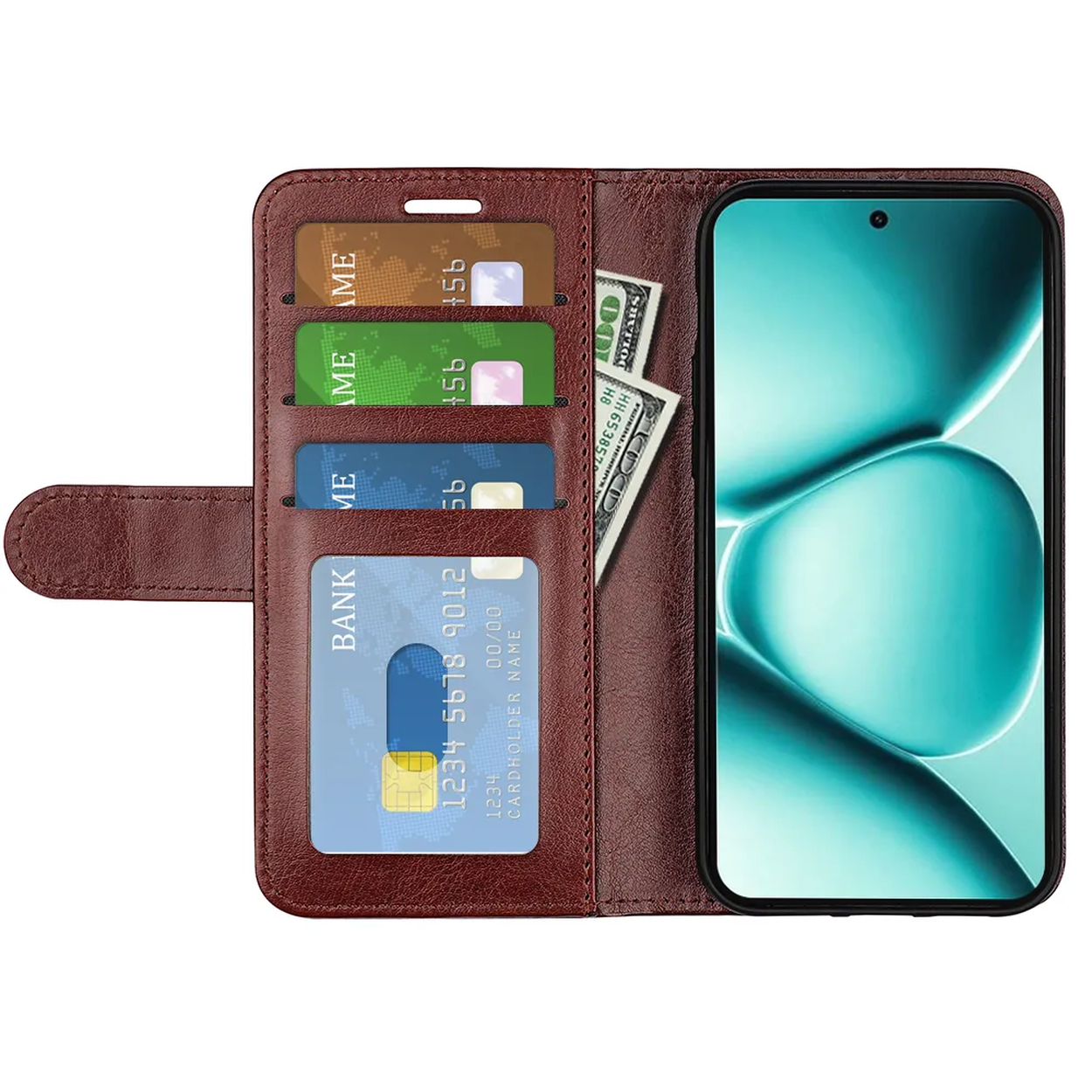 Bruine portemonnee met smartphone, kaarten en geld.
