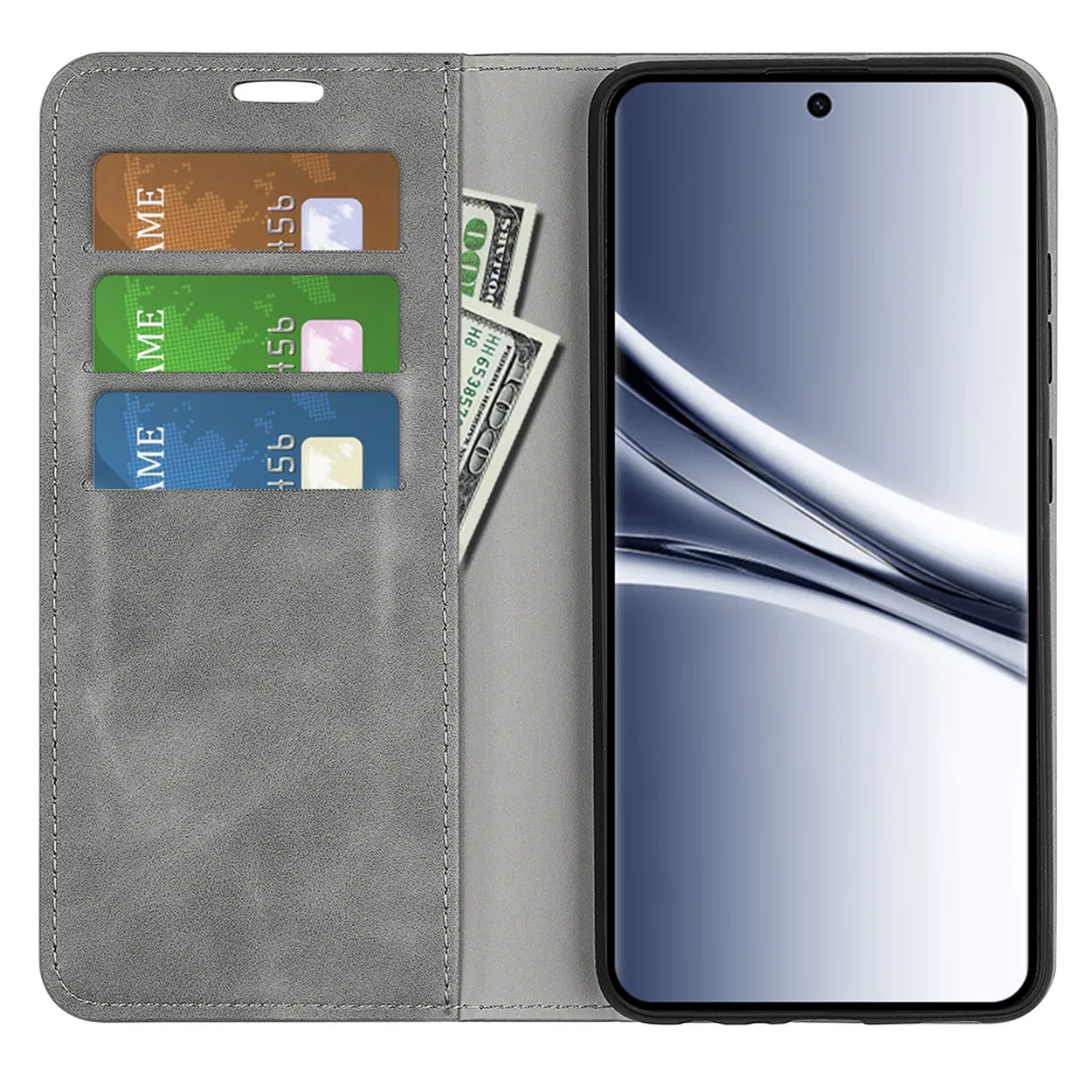 Étui portefeuille gris avec fentes pour cartes et argent, à côté d'un smartphone.
