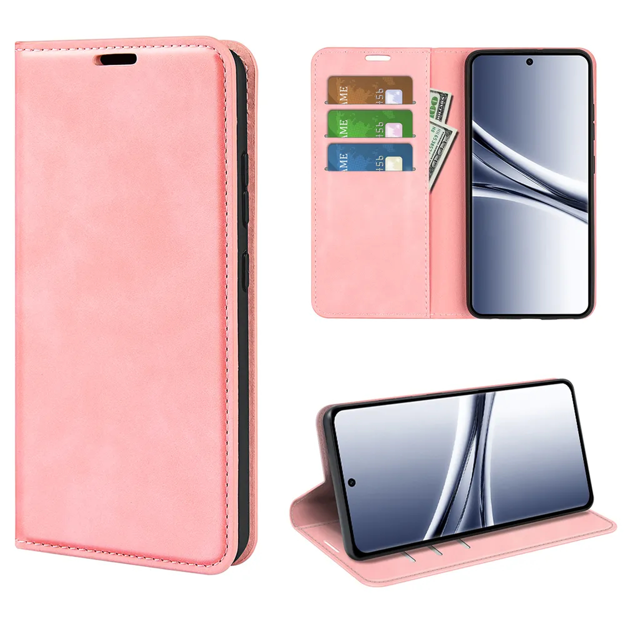 Coque de téléphone rose avec fentes pour cartes et billet.