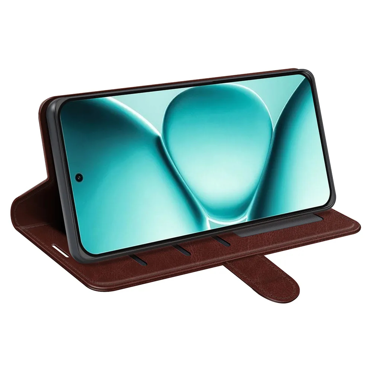 Bruine telefoonhoes in geopende positie met smartphone.