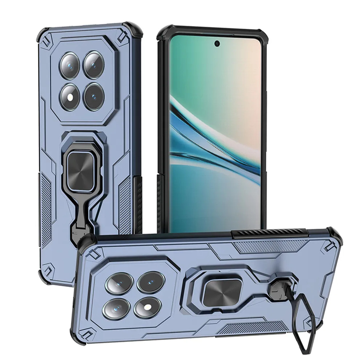 Blauw telefoonhoesje met ringhouder en vier camera's.
