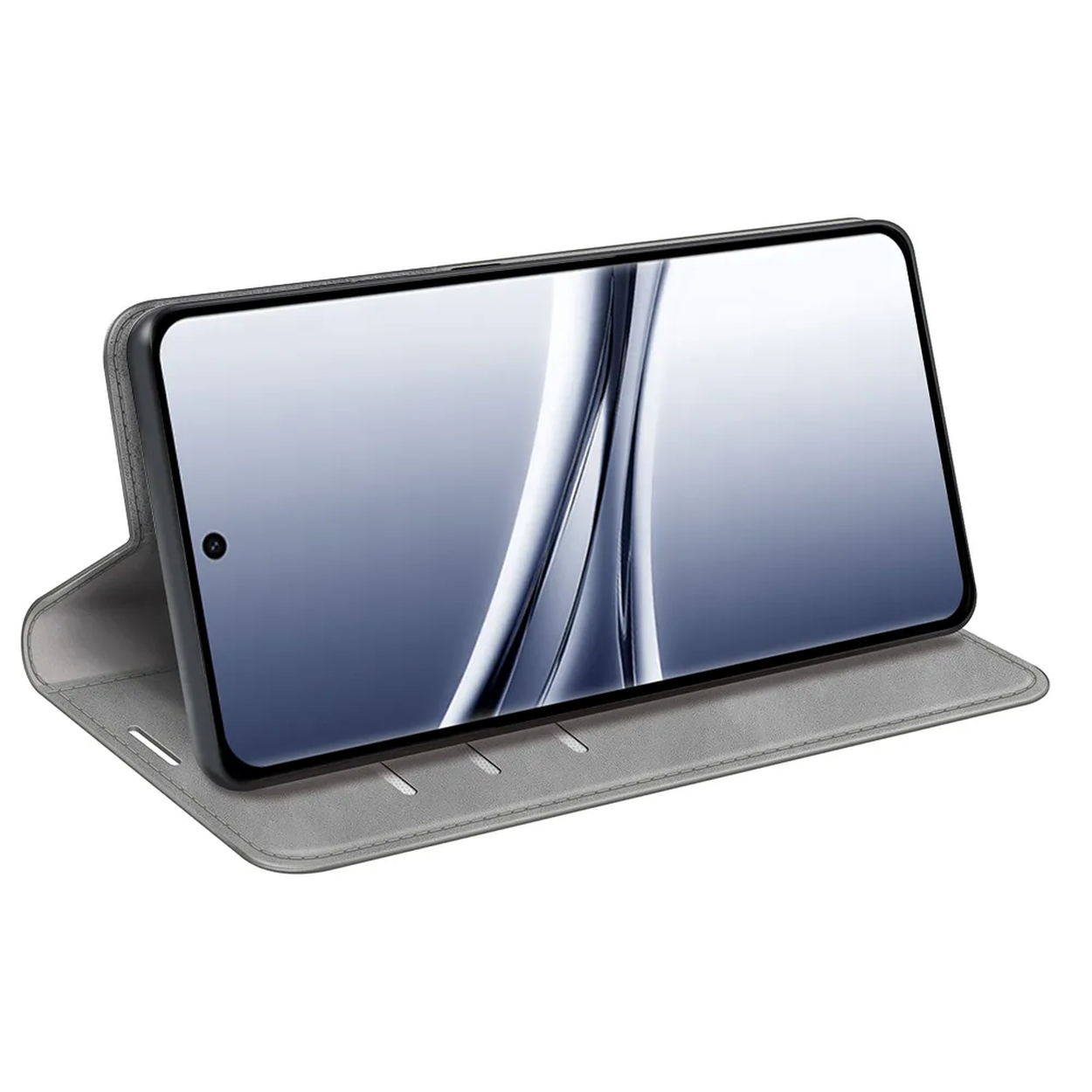 Étui de téléphone gris avec un smartphone posé, affichant un fond abstrait.